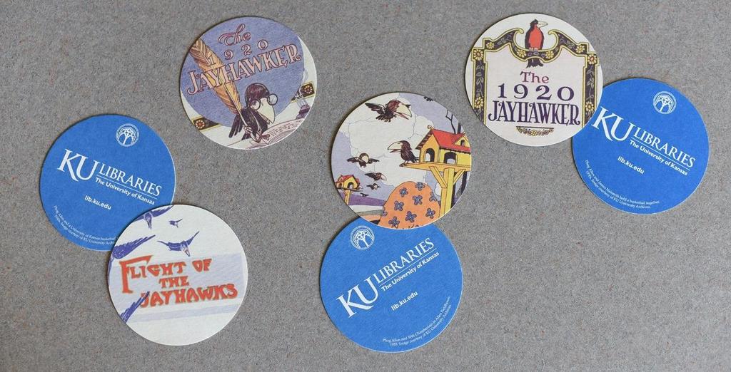 Figure 7. Collectible cardboard drink coasters provided to participants at Alumni Association events. The images on coasters are from the 1920 Jayhawker yearbook.