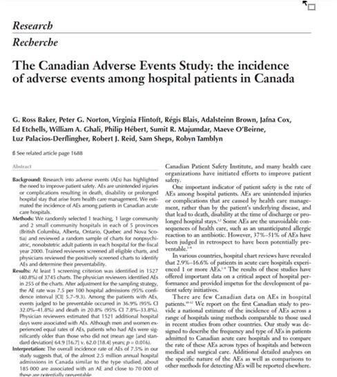 The Canadian Focus on Patient Safety Began in 2004 Considerable Efforts