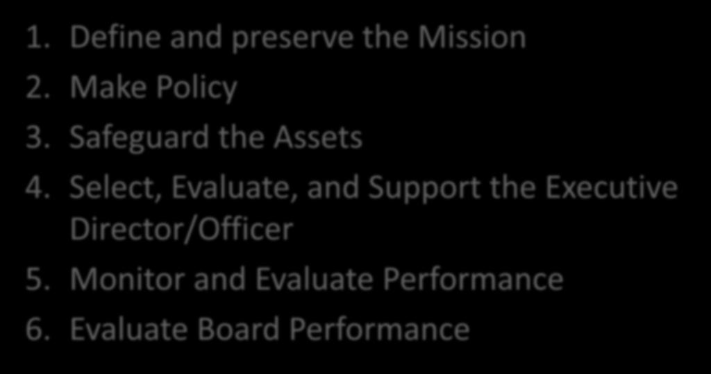 Select, Evaluate, and Support the Executive Director/Officer 5.