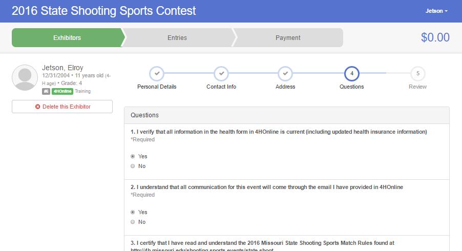 Shooting Sports Contest 7. You will now be taken to step 4 the custom questions that must be answered for this exhibitor a. Click Continue when you are finished entering data. b. If you selected the wrong youth, you have the option to Delete this Exhibitor on this screen where the red arrow is pointing.