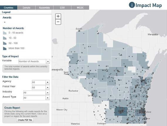 ECONOMIC IMPACT MAP ENHANCED Map and interactive database allows users to easily retrieve detailed information about WEDC loans, tax credits, grants and other awards Map includes details such as