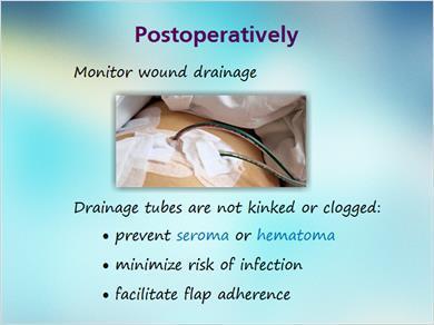 1.13 Postoperatively 4 JILL: We also need to monitor wound drainage. We have to check to make sure that the drainage tubes are not kinked or clogged.