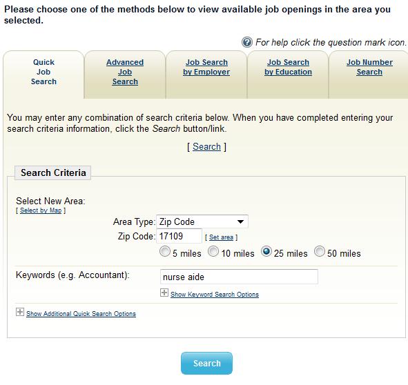 Page 3 Let s practice searching Real Time Labor Market Information Quick Job Search Quick Job Search is the default setting when you enter the site. Search by Zip Code is the default Area Type.