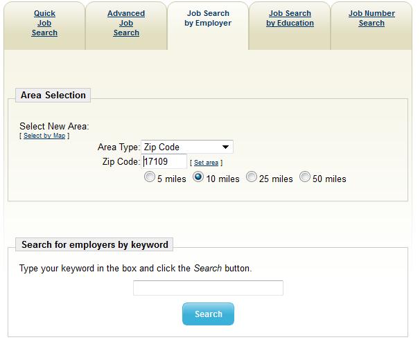 Page 8 Job Search by Employer The Job Search by Employer is available by clicking on the middle tab across the top of the search area.