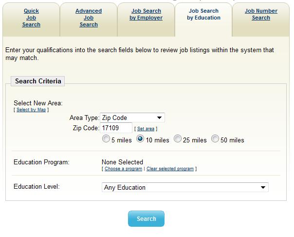 Page 9 Job Search by Education This section defaults to your home Zip Code, and a 10 mile search radius you can change this by clicking on it.