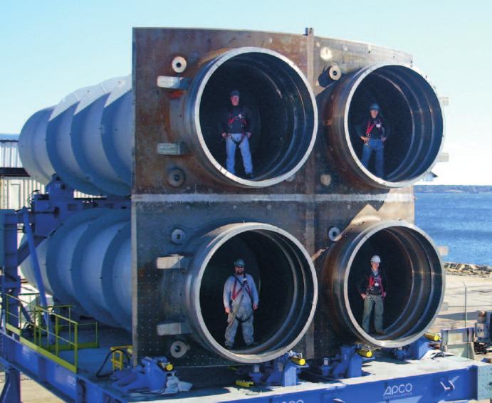 (Opposite) The proof-of-concept prototype of a four-tube quad-pack takes shape at Electric Boat s Quonset Point facility.