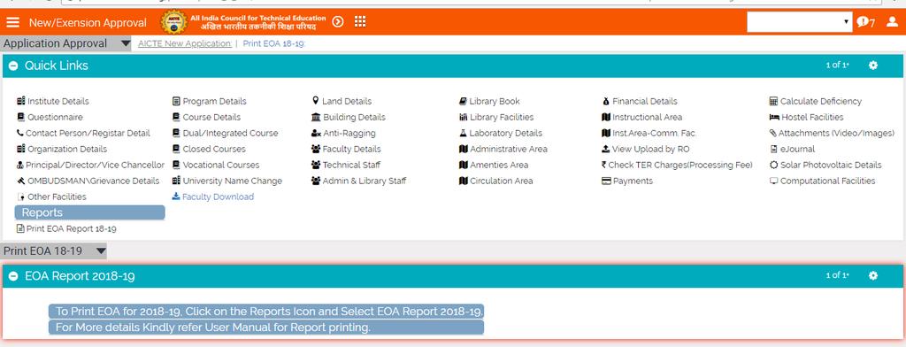 New/Extension Approval Screen Select EOA Report 2018-2019 from Report Name dropdown