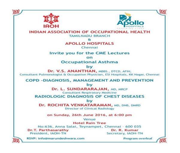 Celebrations of the Occupational Health Day by IAOH Tamil Nadu Branch - 26th June2016