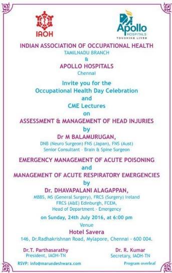 Celebrations of the Occupational Health Day by IAOH Tamilnadu Branch - 24th July2016 Occupational