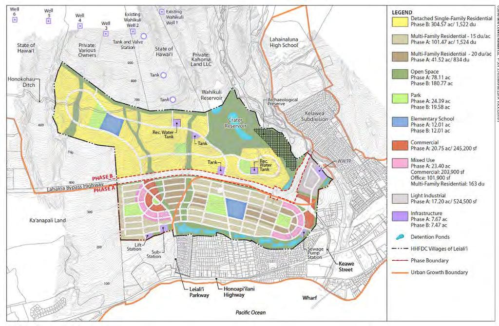 The master plan for Leialii calls for a new urbanist community with compact, higher-density, walkable neighborhoods with a mixture of residential unit types, mixed-use neighborhood centers, and good