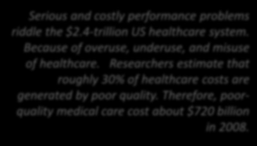 The Economic, Social and Financial Consequences The Cost of Poor Quality (COPQ) A recent study found that medical errors cost Medicare more than $324 million per month.