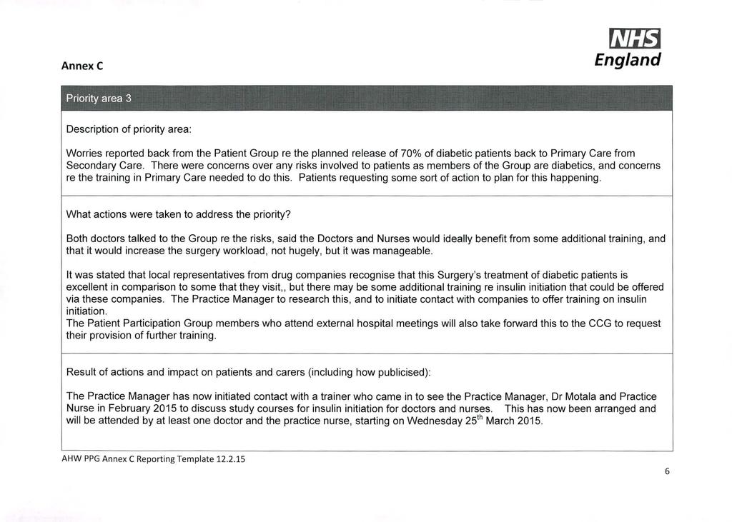 rl7"m Priority area 3 Description of priority area: Worries reported back from the Patient Group re the planned release of 70% of diabetic patients back to Primary Care from Secondary Care.