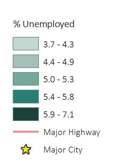UNEMPLOYMENT AMONG ADULTS Unemployment, measured by the percent of residents over 18 who are not employed, often is a barrier to subsidized health care, income stability, and social support, and can