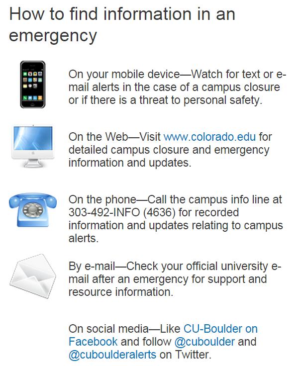28) Add a phone number for CU s Boulder Alert System Receive email and/or text message alerts about potential emergencies or weather closings on campus.
