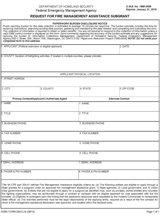 Applicant Application Form REQUEST FOR FIRE MANAGEMENT ASSISTANCE SUBGRANT (RFMAS)