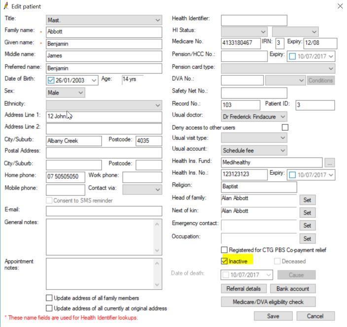 The patient can be made active again put a tick in the box when searching (inactive patients show in red) and