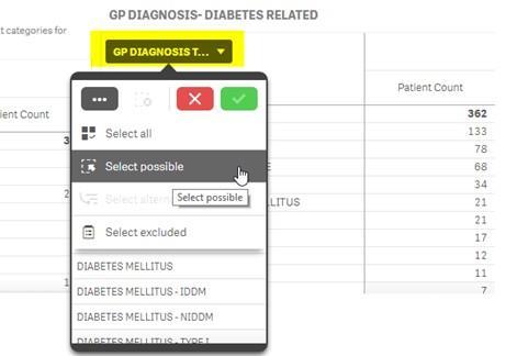 3. Go to the SNOMED TEXT DIABETES RELATED table and from the SNOMEX Text filter, select the ellipsis button and select the Select all option. 4.