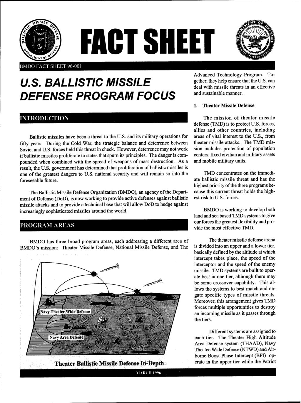 FACT SHEET BMDO FACT SHEET 96-001 U.S. BALLISTIC MISSILE DEFENSE PROGRAM FOCUS INTRODUCTION Ballistic missiles have been a threat to the U.S. and its military operations for fifty years.