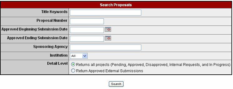 Search Proposals To locate a pending or submitted proposal: Click on the Search/Edit Proposals option on the toolbar.