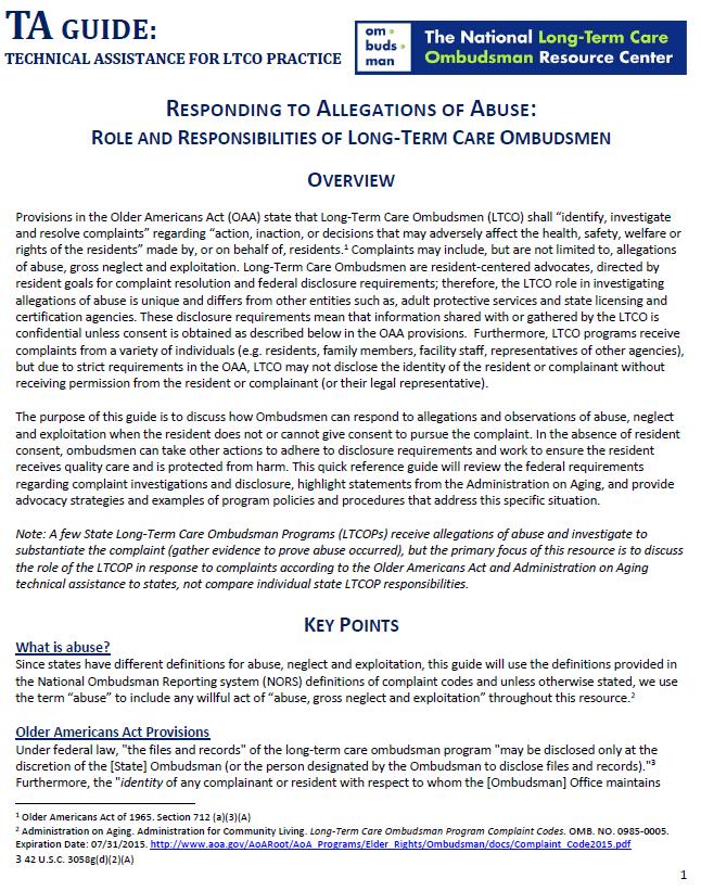 Technical Assistance Guide Responding to Allegations of Abuse: Role and Responsibilities of LTCO Overview Key Points AoA Statements What