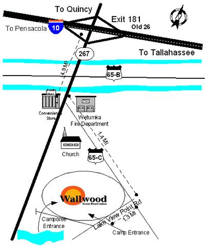 Troop 10 Parent s Guide Page 43 Map to Wallwood Scout Reservation Take this exit (181) 23 Wallwood BSA Rd, Quincy, FL 32351 1. From Interstate 10, take exit 181, State Road 267 South. 2. Drive South for 4.
