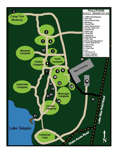 Troop 10 Parent s Guide Page 44 WALLWOOD SCOUT RESERVATION 1. COPE/Climbing/Rappeing 2. BMX Track 3. Archery/Shotgun Range 4. Rifle Range 5. Cherokee Field 6. Fragley Building/Shower 7.