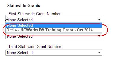 Choose the current funding grant. The most recent grant is Oct14 - NCWorks IW Training Grant - Oct 2014 c. This grant code will change every year. 9- Click Finish.