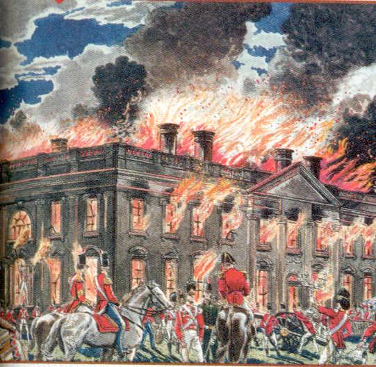 The picture above is of the British in Washington D.C. Which buildings were being destroyed by the British here? How do you know?