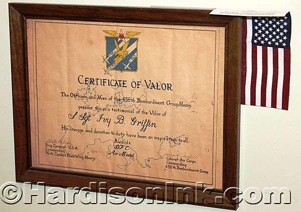 This certificate of valor was awarded for courage and devotion of duty. It shows he was given the Distinguished Flying Cross and the Air Medal.