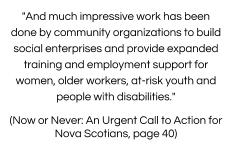 Looking to other provinces, regions and countries, the Social Enterprise Network Nova Scotia Society believes that clear and concrete steps can be taken to increase the capacity, confidence,
