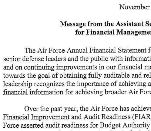 A NNUAL FINANCIAL STATEMENT 21 I November21 Message from the Assistant Secretary of the Air Force for Financial Management and Comptroller The Air Force Annual Financial Statement for Fiscal Year 21
