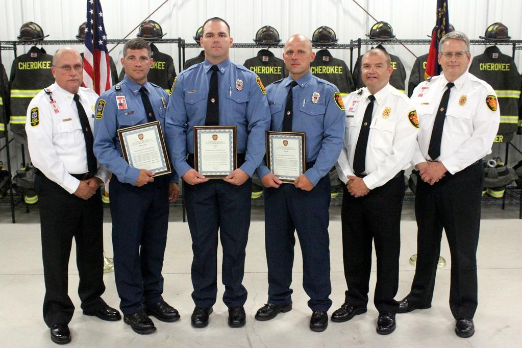 Attending the promotion ceremoney on June 6th were (left to right) Cherokee County Fire Chief, Tim Prather, Battalion Chief, Shannon Gibbs, Capt. Clay Cloud, Lt.
