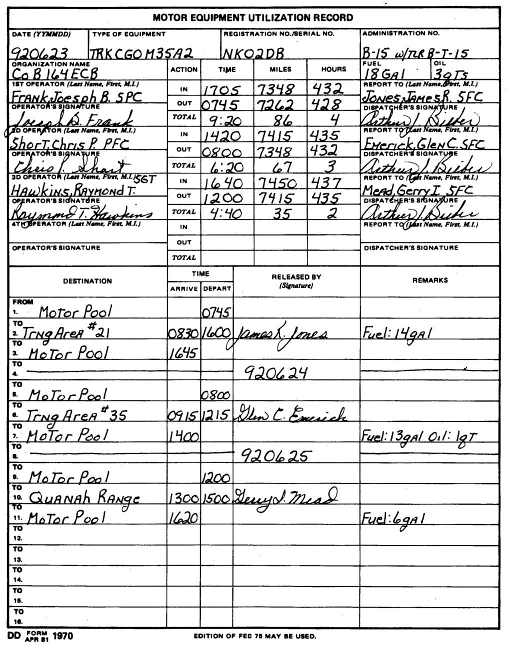 Figure 2-2. Sample of a completed DD Form 1970 (Dispatch) Legend for Figure 2-2: Completion instructions for DD Form 1970 for Dispatch Date. The dispatcher puts the date the form is started.