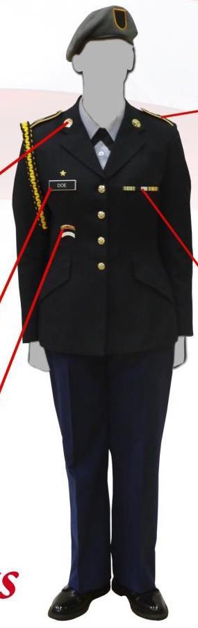 Class A (Female and Enlisted Cadets) JROTC Insignia (Enlisted FEMALE Cadets) Place the JROTC Insignia centered on both lapels of the coat, parallel to the inside edge of each lapel; 5/8 inch above