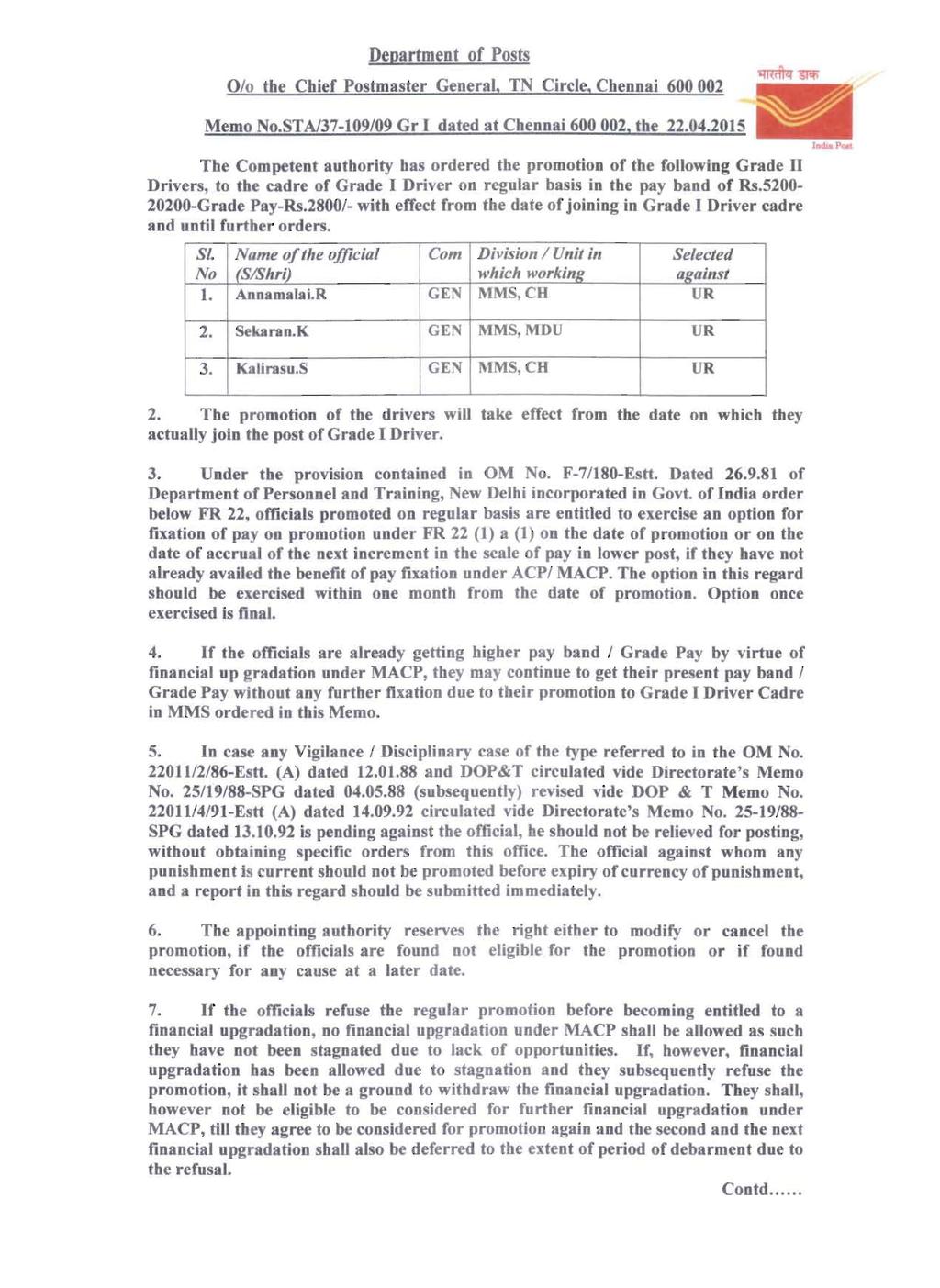 Department of Posts 0 /0 the Chief Postmaster General, TN Circle, Chennai 600 002 Memo 0.STA/37-109/09 Gr I dated at Chennai 600 002, the 22.04.