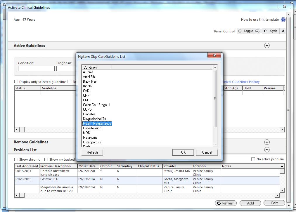 Universal Depression Screening (PHQ-9) New screen opens. Click the Condition field & select Health Maintenance. Click OK.