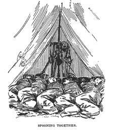 Hardships of the War In the North Sleeping arrangements started out with 10-20 men sharing the same tent. The phrase spooning comes from this side of camp life.