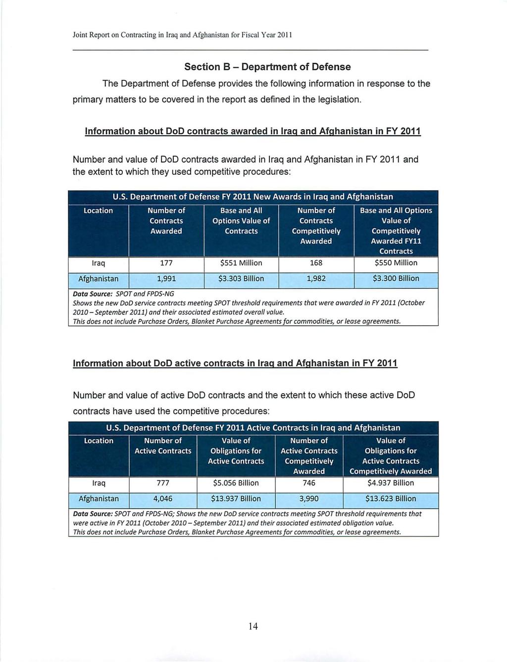 Joint Report on Contracting in Iraq and Afghanistan for Fiscal Y car 20 II Section B - Department of Defense The Department of Defense provides the following information in response to the primary
