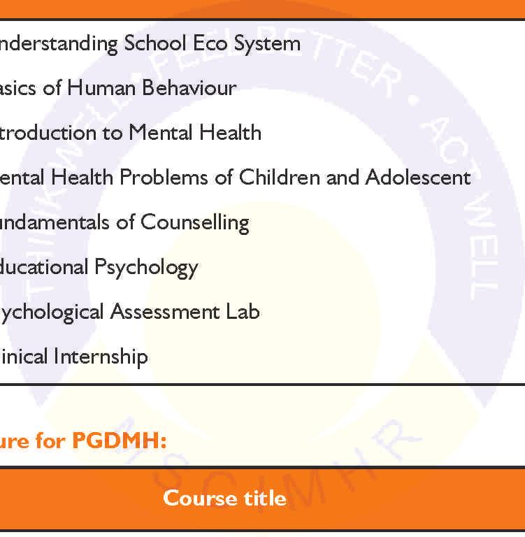 Semester III.Introduction to Counselling.Psychopathology II.Psychotherapy I.Research Methodology in Psychology 5.Psychological Testing Practical II Semester IV.Positive Psychology.