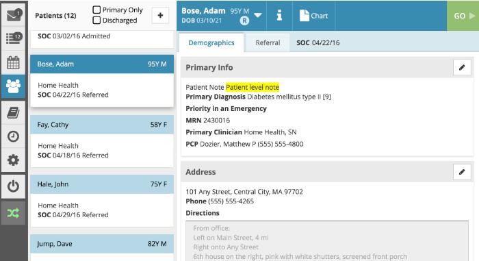 Patient notes display as highlighted in the demographics when you tap a patient card or in the Review