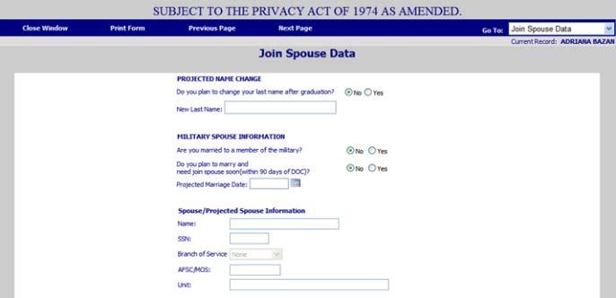 Figure 14. Cadet Form 53 Information Entry (Continued) The fifth screen is Join Spouse Data. The screen is self-explanatory.