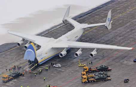 This massive 640 ton, sixengine transport is the world s largest aircraft. Measuring 84 metres in length with a wingspan of over 88 metres, it holds the world record for payload at 250 tons.