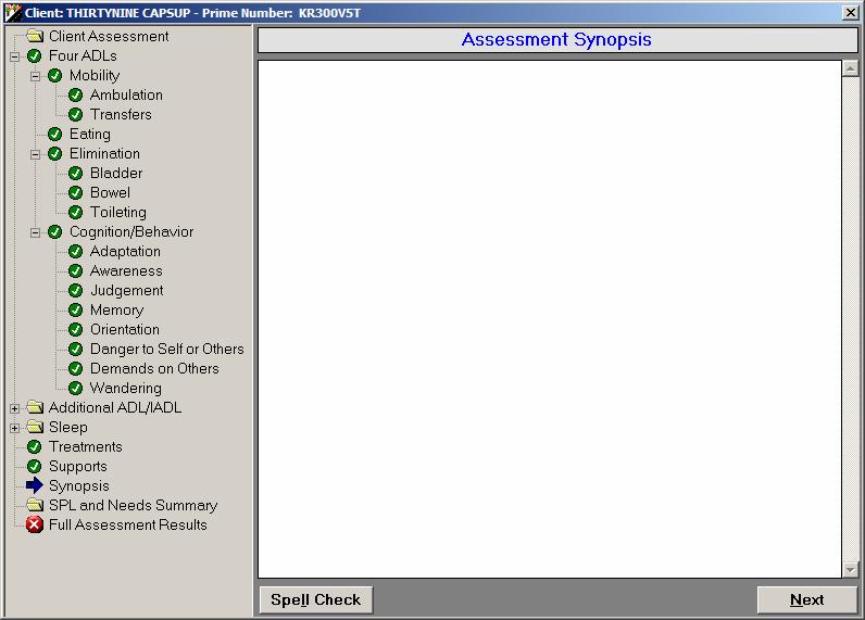 Assessment Synopsis Screen Description: 1 2 3 4 Description of the Assessment Synopsis screen: 1.