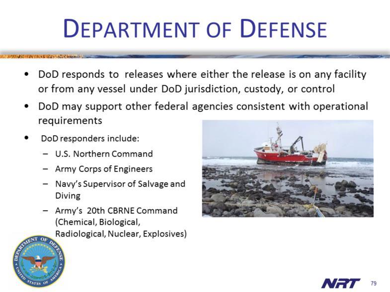 The Department of Defense responds to its own pollution releases, and as a member of the National Response Team may provide technical experts and bring to the incident a wide range of response