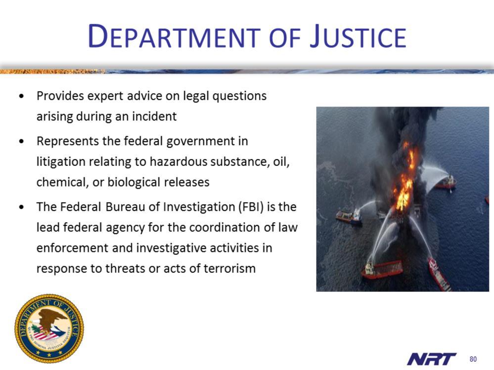 The United States Department of Justice (DOJ) represents the United States in all criminal prosecutions and civil suits in which the United States has an interest and provides legal counsel to all