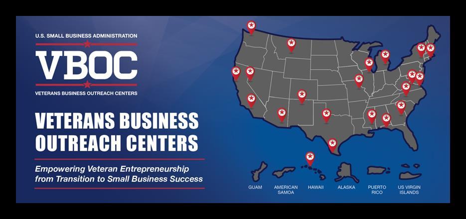 VETERANS BUSINESS OUTREACH CENTERS 22 centers nationwide, full resource partners Provides SBA resource navigation and referrals Growth focused on high vet