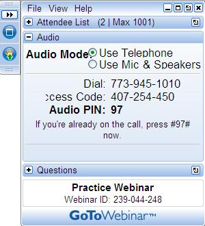 Using GoToWebinar Minimize or expand the pane Raise hand Choose audio mode Type questions Questions