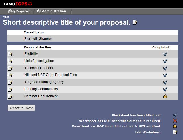 Submit Now Once you have completed all sections of the proposal, the Submit Now button will be highlighted.
