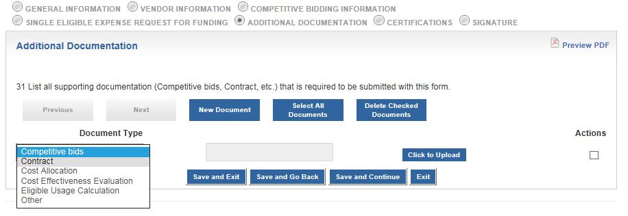 FCC Form 462 Additional Documentation Select New Document to upload any additional supporting documentation (Competitive bids received,