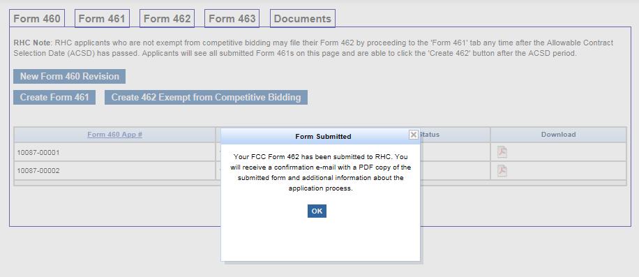 FCC Form 462 After Submitting You will be returned to the forms